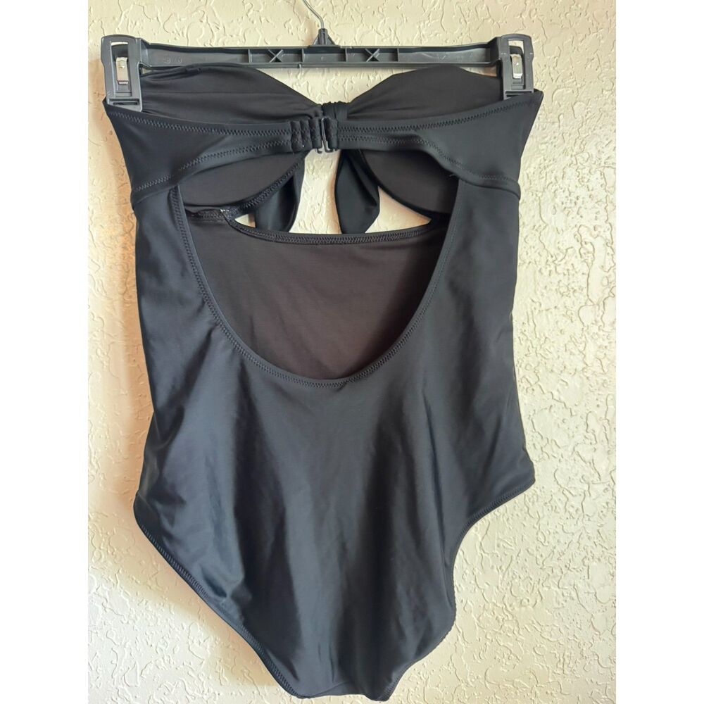Aerie Black Bandeau One Piece Swimsuit Tie Front Open Back Strapless Medium - Picture 2 of 6